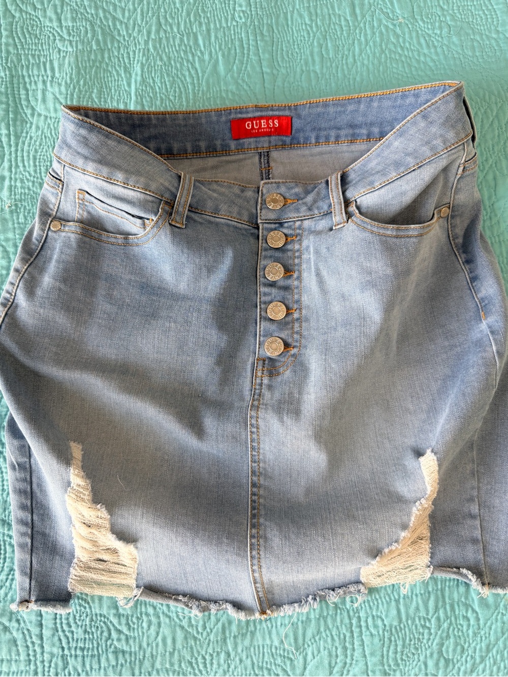 {GUESS} Light Blue Wash Distressed Denim Mini Skirt - Front High Waisted Buttons - Picture 13 of 14
